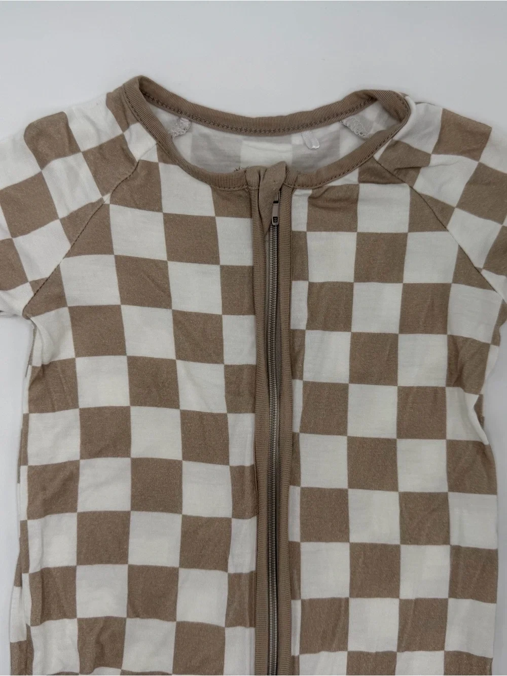 Bamboo Toddler Kids Short Sleeve Zip Romper in Beige Check 12-18 months
